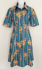 Vtg Dress S/M Polyester Blue Floral Short Sleeve Button Up Collared Boho 70s