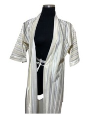 Vintage 70s 80s Robe Women M Long Satin Kimono Lightweight Yellow Stripe Floral