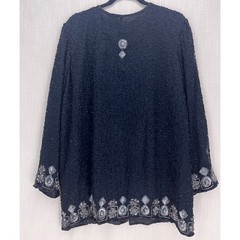Stenay Black Beaded Silk Evening Jacket Large 80s Silver Sequin Formal Vintage