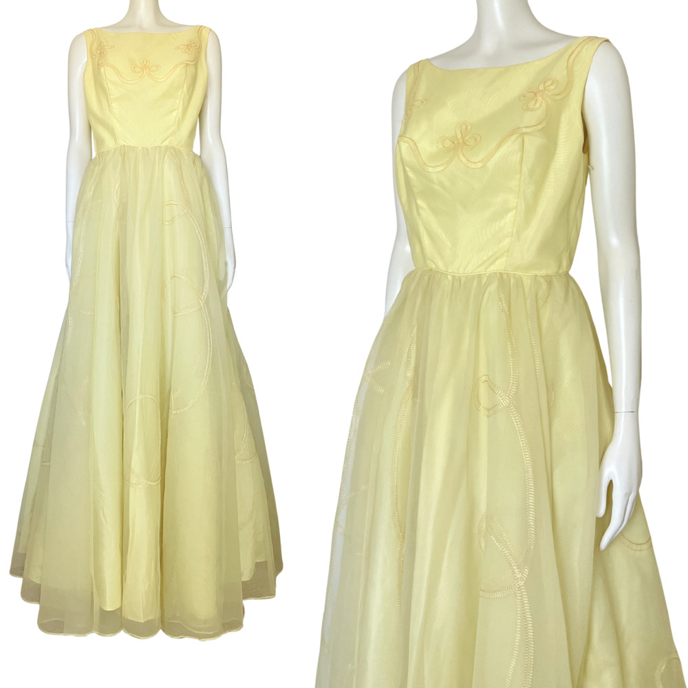 Vintage 50s Pastel Yellow Prom Dress Ball Gown XS Formal Cupcake Flaws 24″ Waist