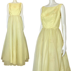 Vintage 50s Pastel Yellow Prom Dress Ball Gown XS Formal Cupcake Flaws 24″ Waist