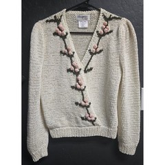 Enfin by Marcia Vintage Handmade Floral Knit Sweater Cream Pink 3D Popcorn M