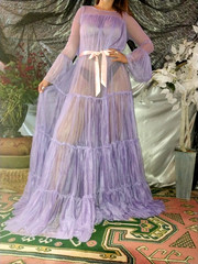 VTG SILKY PURPLE SEE THRU SHEER LAYERS BELL SWEEP NEGLIGEE NIGHTGOWN SISSY OSFM