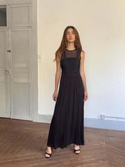 Black midi dress with lace crochet bodice, back zip & draped viscose skirt, boho