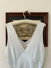 1930s Satin Blue Bias Cut with Pink Ribbon Work Slip Dress