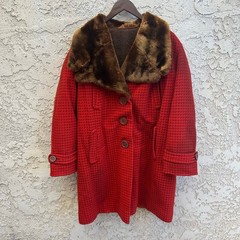Vintage 1950s Red Houndstooth Coat Faux Fur Collar Size Women’s Medium