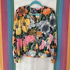 Vintage 70s Metallic Floral Blouse Long Sleeve with Split Sleeves Small
