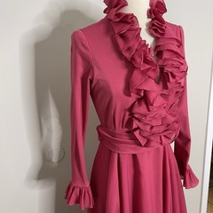 Vintage Victor Costa Pink Maxi Dress Size 10 Long Sleeve Formal Ruffle Sweeping