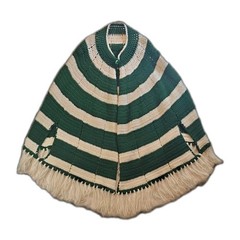 Vintage Handmade Green & White Striped Poncho With Fringe – OS