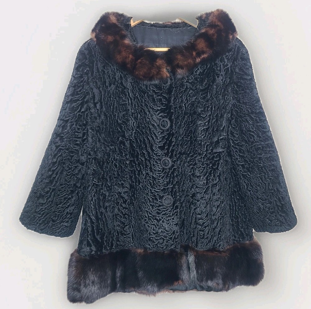 Vtg 1950s/60s Curly Persian Real Fur Lamb Mink Collar And Hem Swing Coat Black