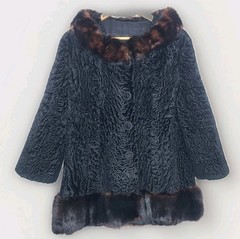 Vtg 1950s/60s Curly Persian Real Fur Lamb Mink Collar And Hem Swing Coat Black