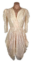 Vintage 80s Tulip Hem Peach Lace Dress Puffy Sleeve Party Prom Cocktail S/M