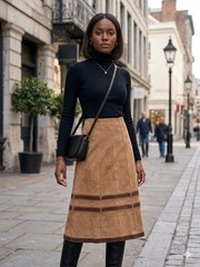 VTG 70s Pueblo Suede Leather Panel Midi Skirt L Large 34 Boho Western Festival