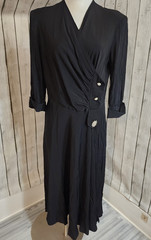 Vintage 1960s Garland Black Surplice Cocktail Dress Rhinestone Buttons 32W