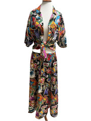 Vintage Carole Little two-piece colorful silk maxi skirt blouse pop set M/L