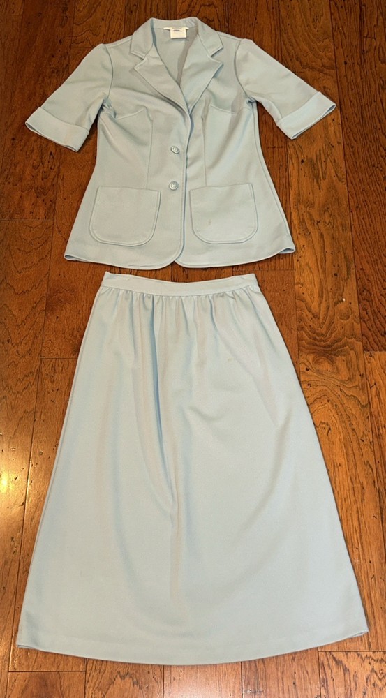 Vintage 70S Women’s Skirt Suit Ice Blue Polyester Knit SEARS Size 10 GROOVY
