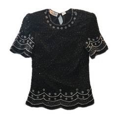 Vintage Black & White Sequin Lawrence Kazar 100% Silk Blouse – Size S