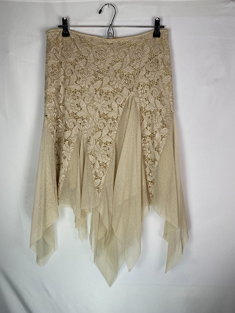 Casadei 90’s Lace Mesh Midi Skirt Sz L Beige Cream Asymmetrical Fairy Boho Retro