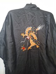 Vintage Satin Asian Dragon Kimono Embroidered Pockets Long Robe Large Black