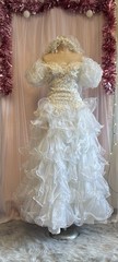 Vintage 80s 90s Beaded Wedding Dress White Off Shoulder Bow Back Veil XS