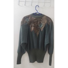 Vintage 80s Avant Garde Leather Patchwork Knit Sweater Teal Green Batwing Boho