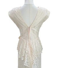 Vintage Zum Zum Lace Peplum Midi Dress Ivory Cream Bow Handkerchief Hem Bridal