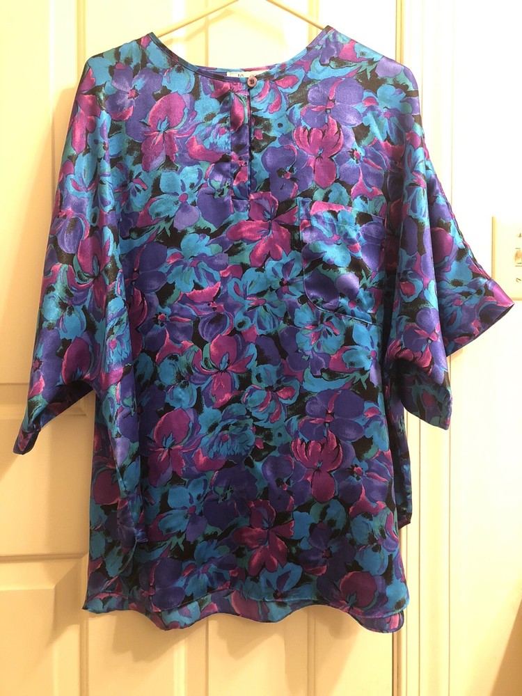 Vintage Jo Intimates Floral Womens Size Large Tunic PJ Top Shirt 100% Polyester