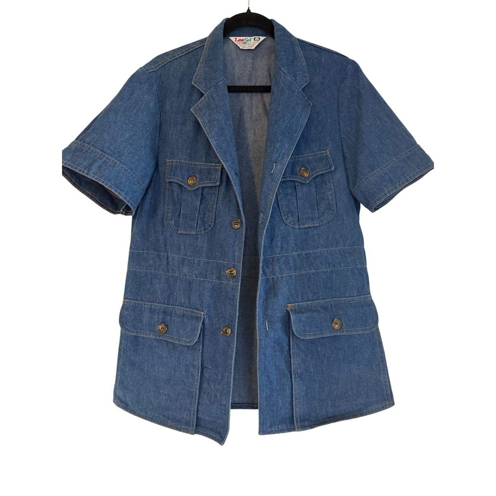 Vtg 70s LEE LEE SET Denim Safari Bush Jacket Short Sleeve Blue Cotton USA Men M