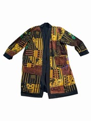 1990s African Tapestry Graphic Duster Coat Jacket Mudcloth Patchwork Reversible