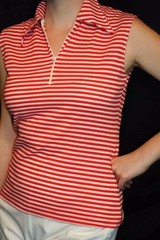 S~M Vtg 60s 70s SHIRT Stretch NYLON Knit 1/4 Zip Top Red Stripe Dagger Collar