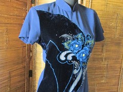 Vietnamese Cheongsam Midnight Blue Velvet Dress Polyester Glitter Special Occa