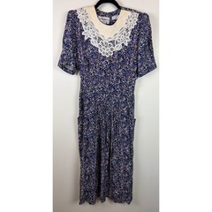 Karin Stevens Dress 12 Purple Floral Vintage 90s Lace Collar Cottagecore Midi