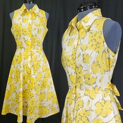 Vintage Karin Stevens White/Yellow/Grey Floral S/L Shirt Dress w Tie Size 10P