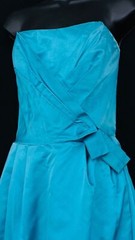 Vintage 1960s teal silk strapless formal dress, green blue Magnin turquoise S