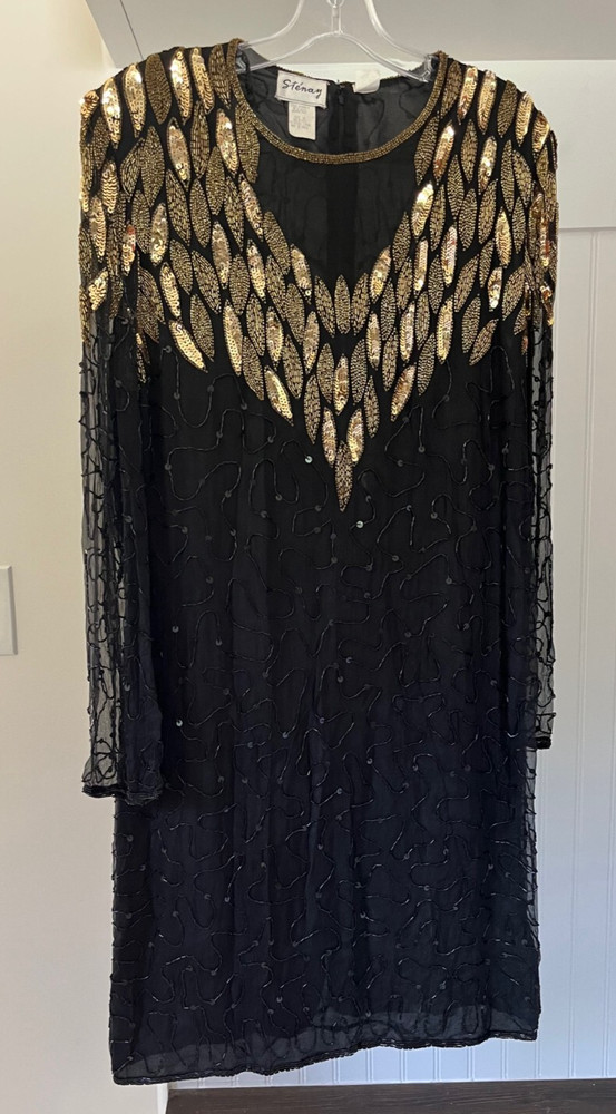Vintage Dress Stenay Beaded Sequins Silk Black Size 16 NWOT