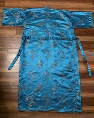 Vintage Golden Dragon Embroidered Satin Kimono Robe – Teal Blue XL