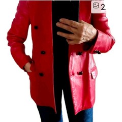 Kenar VTG 90s Cherry Red Genuine Leather Coat Longline Double Breasted Blazer S