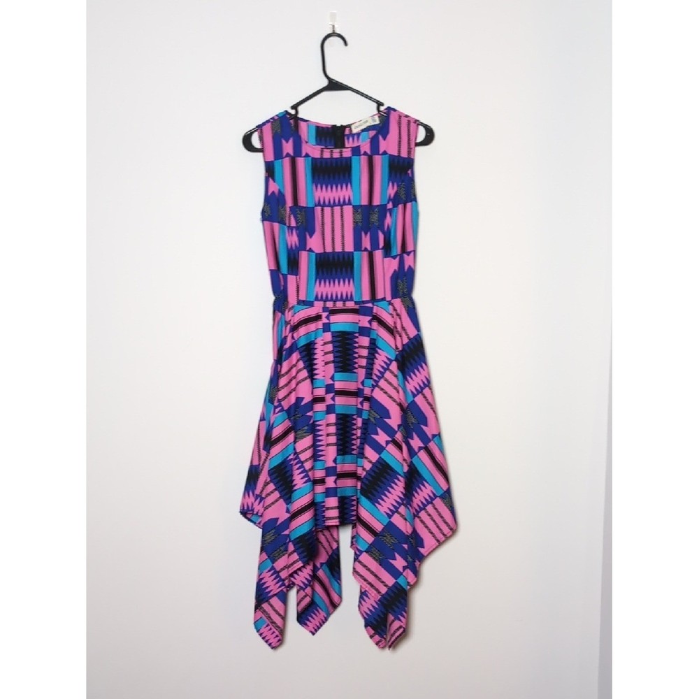 Vintage Geometric Assumetical 90s 80s Dress. Small. Pink Blue, Tribal, Retro USA