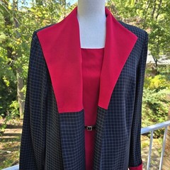 80s Wmns Perceptions Red Black Check Vtg Midi Dress Blazer Suit Set Outfit 14W