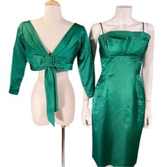 Vintage Saks Fifth Avenue Green Silk Cocktail Dress/Jacket Set S
