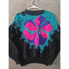 VTG Jaclyn Smith Knit Sweater L Black Teal Pink Abstract Beaded Butterfly 80s 90