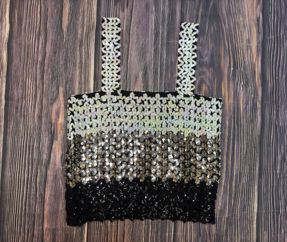 Vintage 1970s 1980s Sequin Stretchy Party Disco Club Black Silver Ivory Crop Top
