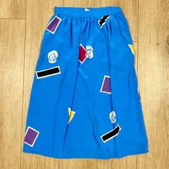 Vintage Blue Geometric Pop Art Midi Skirt Abstract Memphis Design Size 8