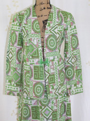 Vintage 1960s 1970s Mod Green Red Ivory Tapestry Mini Skirt Jacket Set Women’s S