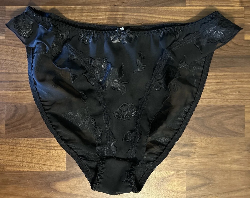 Vtg Bikini Panties JO’S INTIMATES sz Med Ruffle Bow Sheer Black Nylon Sissy