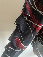 VTG Secret Navy Red Swirl Sheer Blouse – Bell Frill Ruffle Sleeve – L – USA