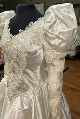 Vtg 80s Wedding Dress Beaded Puff Sleeve Bridal Gown Detachable Train Size 10