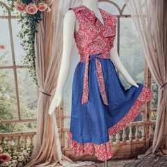 Vintage 1970s Dress Handkerchief Print Bodice and Ruffle Belt Red White Blue