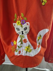 Vtg 70s Orange Western Shirt Flower Crown Cat Applique Embroidered Novelty M 14