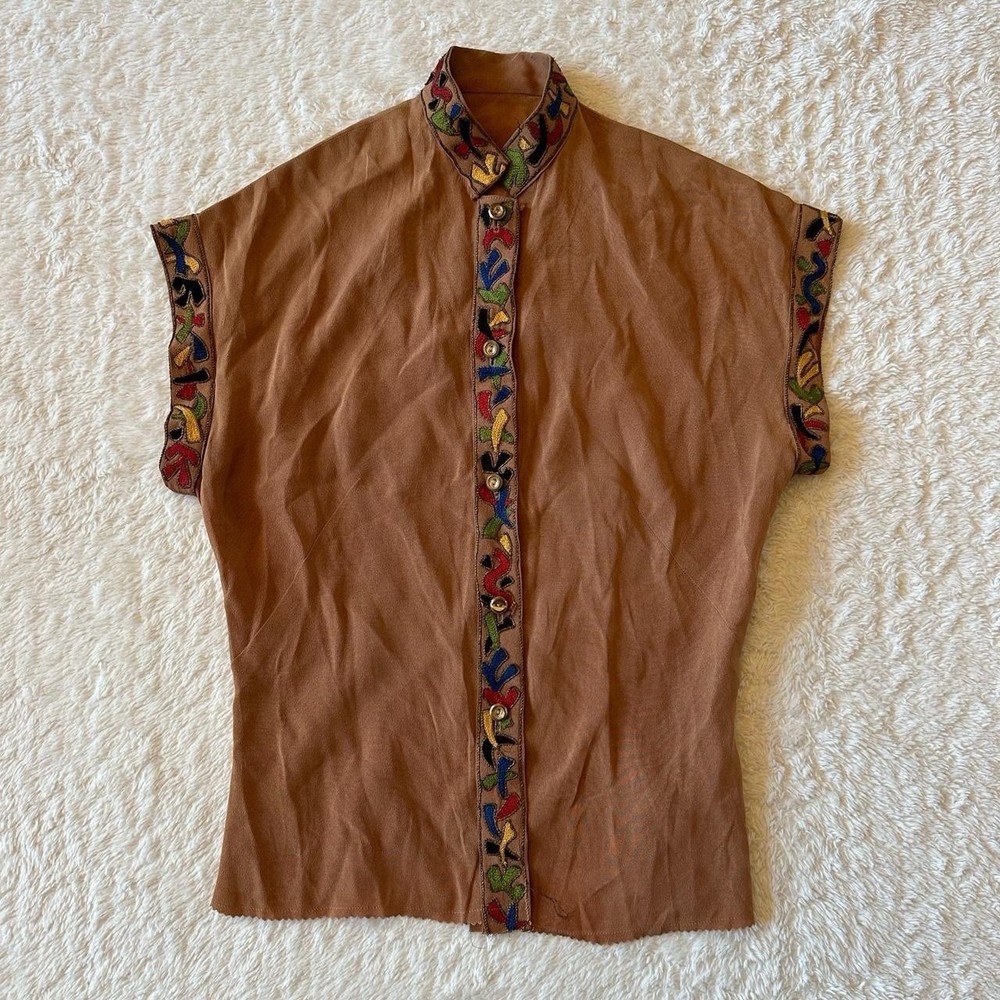 True Vintage 40s/50s Brown Button Top Single Stitch Handmade Prairie Colorful